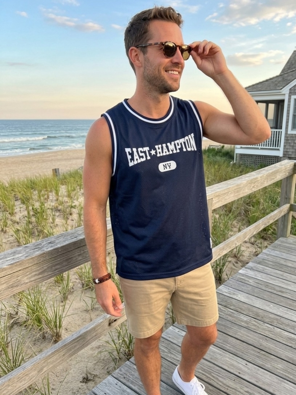 Urban Outfitters Men's Navy&White Mesh Tank East Hampton NY Print Size Large NWT